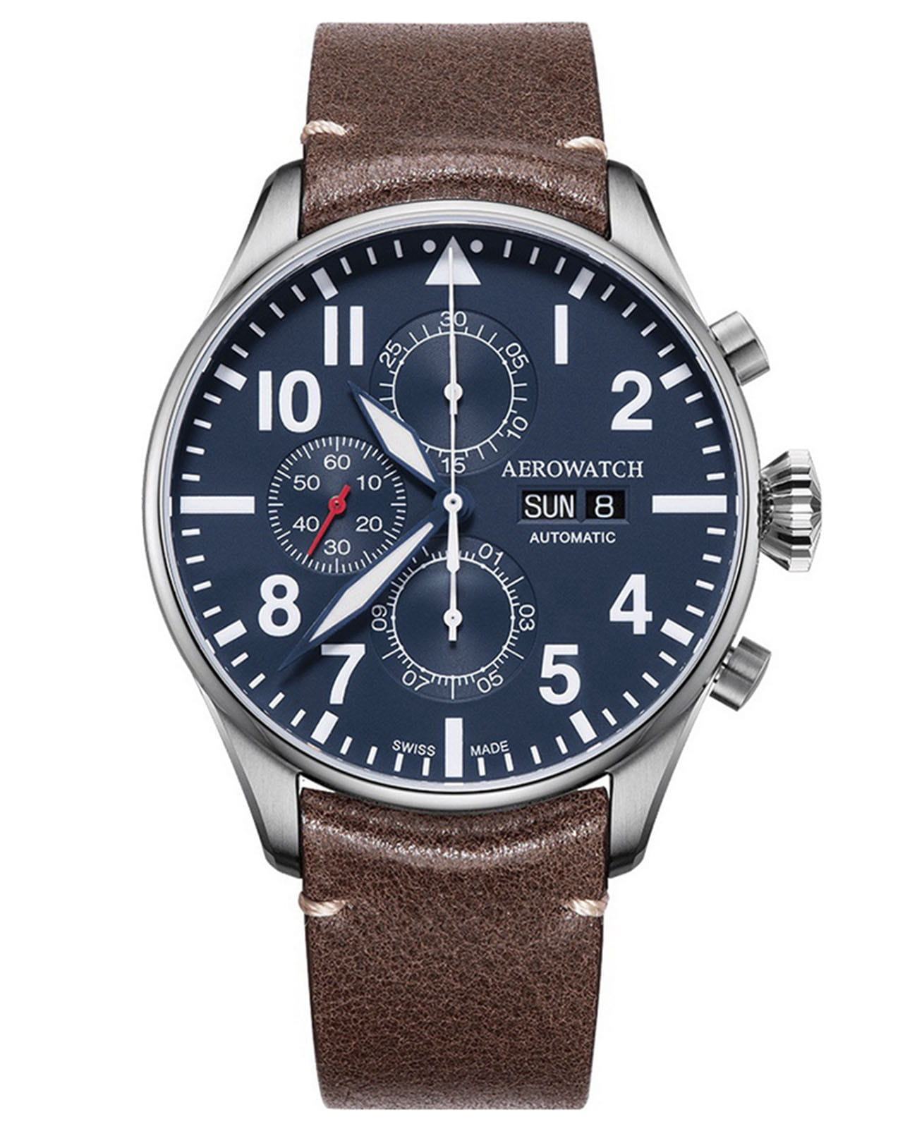 Aerowatch Aerowatch Les Grandes Classiques Pilot 61989 AA05  61989 AA05 механические мужские часы серебристый циферблат, браслет кожаный — вид спереди